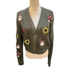 Thorn & Fable Cardigan Small Green Mushroom Floral Cottagecore Sweater EUC